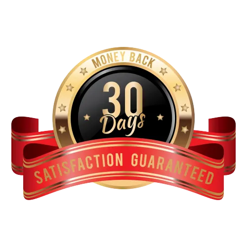 A red ribbon with the words 30 day money back guarantee on the PDF.