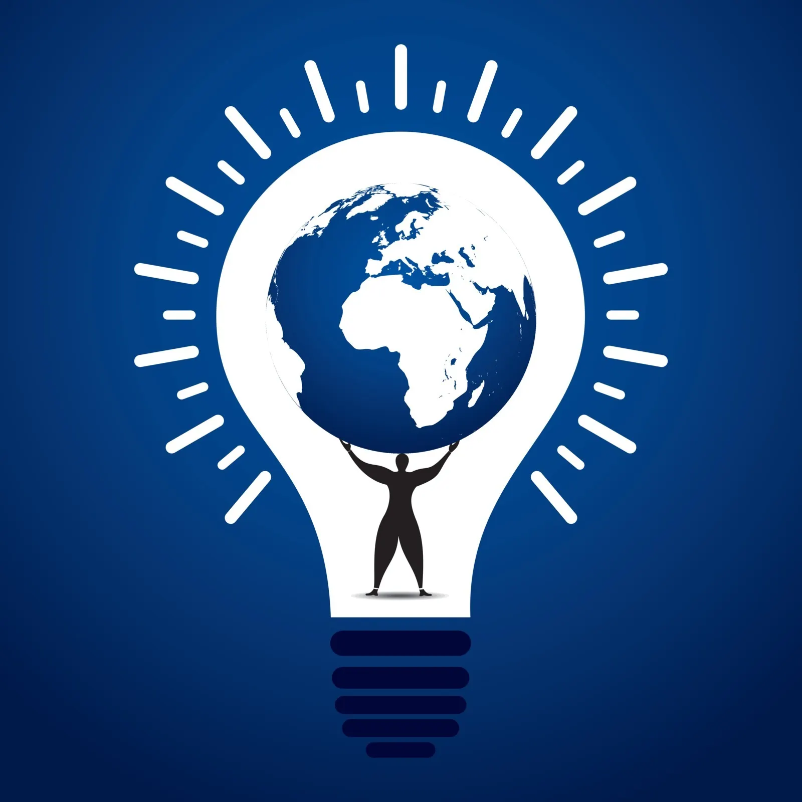 Satan holding a globe in a light bulb on a blue background.
