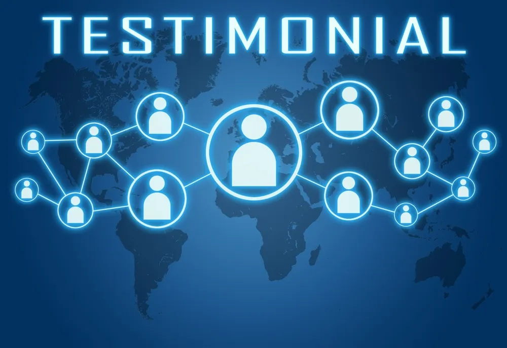 A blue background with a map and a group of people with Testimonials.