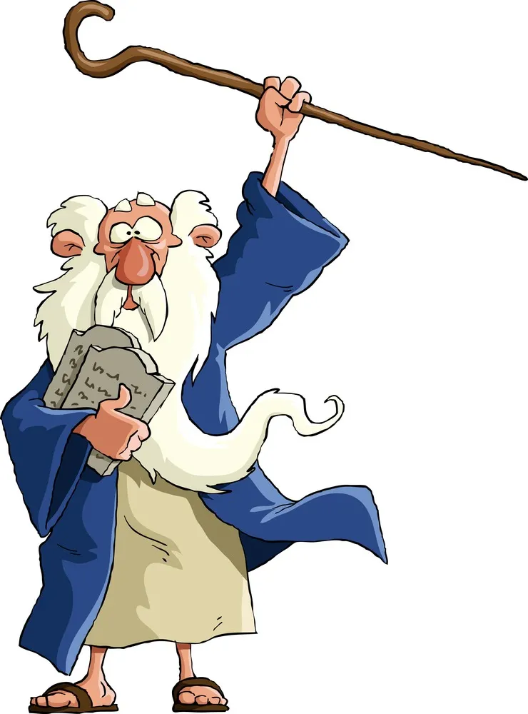 A cartoon Moses old man with a staff and a 10 commandments.